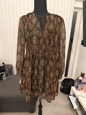 Zara Brown & Black Snake-Print Long-Sleeve Tiered Dress
